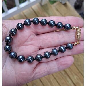 Bracelet Shiny Dark Gray Glass Beads Bracelet Gold Clasp Beautiful